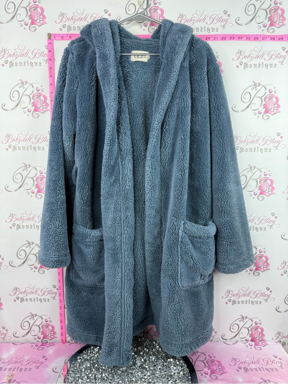 UGG robe blue soft fleece thick pockets  Hooded Plush Robe in Slate Blue